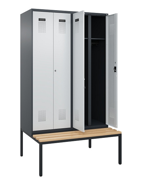 C+P Schwarz-Weiß-Spind Evolo PLUS, Bank, 4 Abteile, 2120x1200x815mm, 7016/7035, Zylinderschloss, Sitzfläche Buche-Hartholz, Sitzbank, 0490527-40 S10044