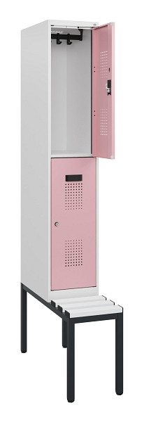 C+P Doppelstöckiger Spind Evolo PLUS, Bank, 2 Fächer, 1950x300x815mm, 9016/3015, Zylinderschloss, Sitzfläche Kunststoff, Sitzbank, 0493505-10 S10153
