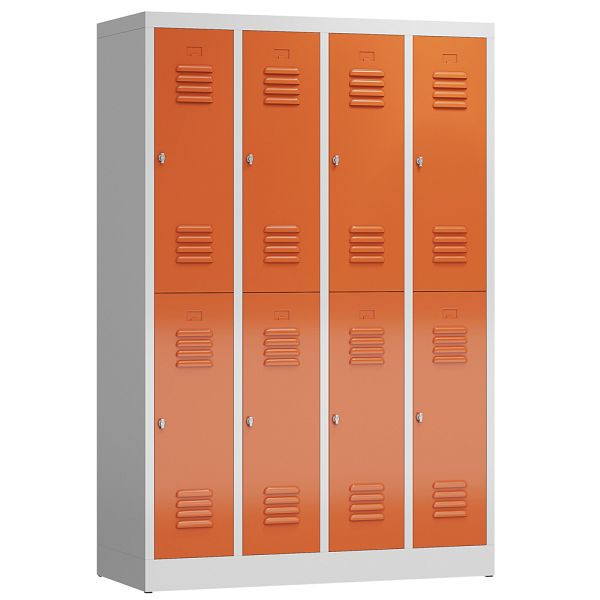 Lüllmann ClassiX Garderobenschrank, 4 Abteile doppelstöckig, 1800 x 1185 x 500 mm, lichtgrau/feuerrot, X-520244