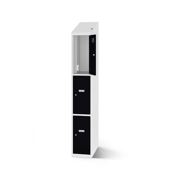 Rotstahl Fächerschrank, 3 Fächer, Stollenfüße, mit Ladefunktion, Schrägdach, Korpus: lichtgrau, Türen: tiefschwarz, 2180-010300-0302112-7035-9005