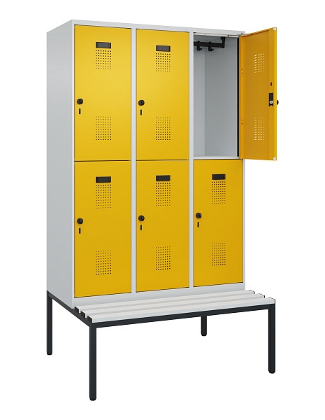 C+P Doppelstock-Spind Evolo PLUS, Bank, 6 Fächer, 2120x1200x815mm, 7035/1004, Drehriegel, Sitzfläche Kunststoff, Sitzbank, 0493507-32 S10081
