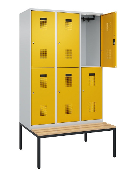 C+P Doppelstock-Spind Evolo PLUS, Bank, 6 Fächer, 2120x1200x815mm, 7035/1004, Zylinderschloss, Sitzfläche Buche-Hartholz, Sitzbank, 0493507-32 S10027