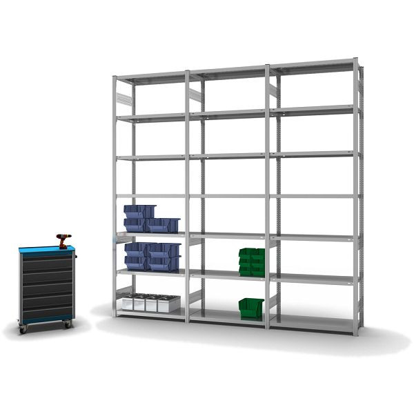 hofe Fachboden-Grundregal, 3000x400x1000 mm, 7 Fachebenen, verzinkt, 145 kg Fachlast, 1300 kg Feldlast, zweiseitige Bedienung, HZG30410AL