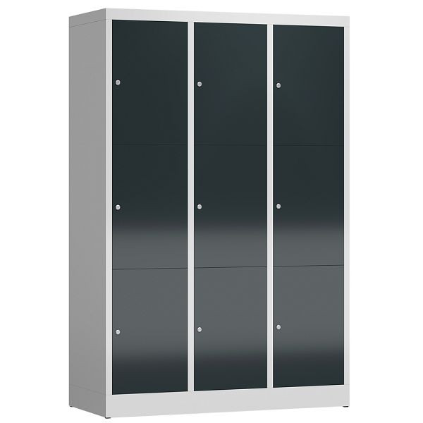 Lüllmann ClassiX Schließfachschrank, 3 Abteile à 3 Fächer, 1800 x 1185 x 500 mm, lichtgrau/anthrazitgrau, X-523338