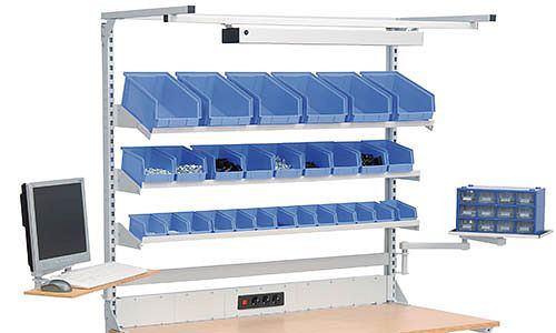 Bedrunka+Hirth Multi-Wand-Aufbau workergo mit Obergestell, 1x Energiekanal, 6x Fachboden, 2x Schwenkarm, Maße in mm (BxTxH): 2000 x 750 x 1250, 4C200-6