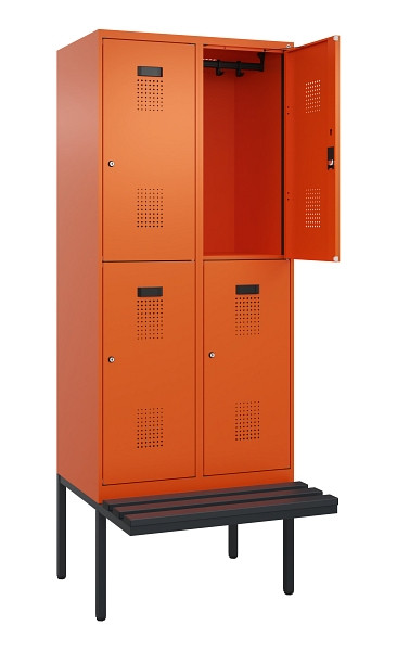 C+P Doppelstock-Spind Evolo PLUS, Bank, 4 Fächer, 2120x800x815mm, 2004/2004, Zylinderschloss, Sitzfläche Kunststoff, 0493407-22 S10137