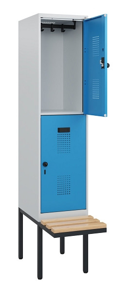 C+P Doppelstock-Spind Evolo PLUS, Bank, 2 Fächer, 1950x400x815mm, 7035/5012, Drehriegel, Sitzfläche Buche-Hartholz, 0493405-12 S10007