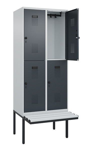 C+P Doppelstock-Spind Evolo PLUS, Bank, 4 Fächer, 2120x800x815mm, 7035/7016, Drehriegel, Sitzfläche Kunststoff, 0493407-22 S10093