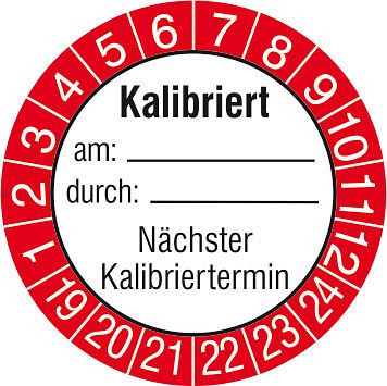 SafetyMarking Prüfplakette, Kalibriert am: durch:, Nächster Kalibriertermin, Prüfzeitraum: 19-24, Ø 3 cm, selbstklebend, VE: 15 Stück/Bogen, 30.0826-19-24
