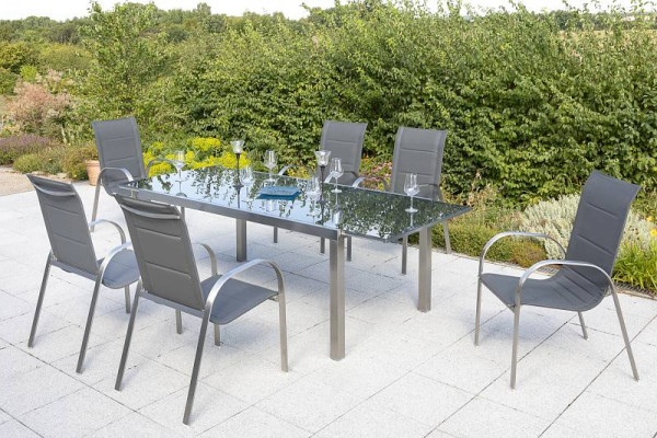 Merxx Lucca Set 7-teilig, 6 Lucca Stapelsessel, 1 Ausziehtisch 180 (240) x 100 cm, silber/grau, Edelstahlgestell mit Textilbespannung, 50370-309