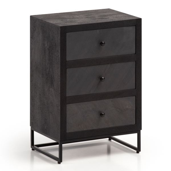 Wohnling Nachttisch Mango Massivholz/Steinoptik 40x60x30 cm Nachtschrank Boxspringbett, Design Nachtkonsole Schwarz mit 3 Schubladen, WL6.768