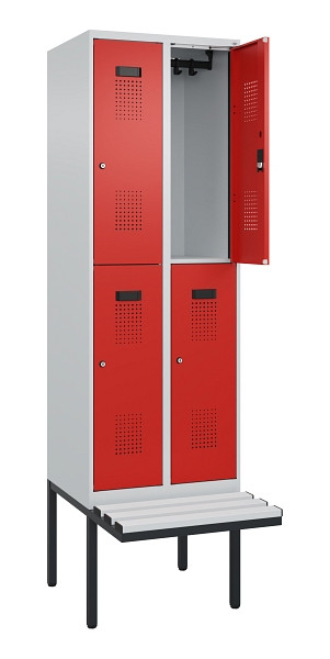 C+P Doppelstock-Spind Evolo PLUS, Bank, 4 Fächer, 2120x600x815mm, 7035/3020, Zylinderschloss, Sitzfläche Kunststoff, 0493407-20 S10113