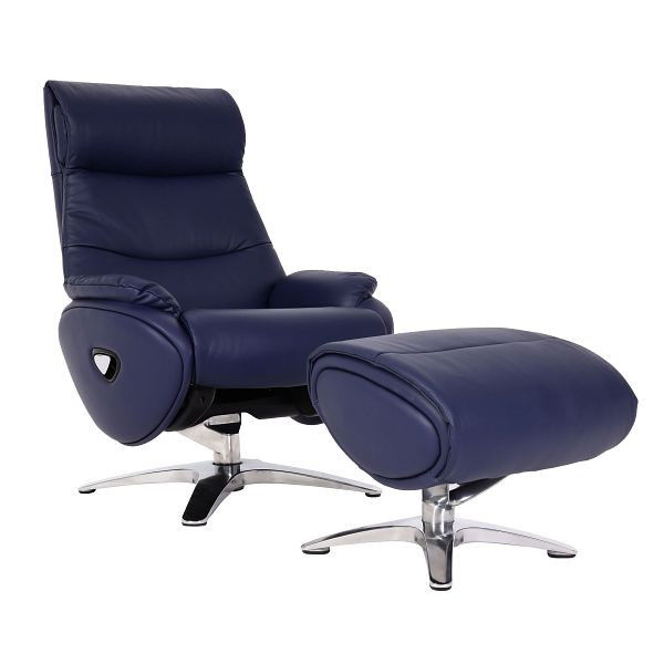 Mendler Relaxsessel mit Hocker HWC-K98, Fernsehsessel Sessel, Liegefunktion drehbar, Metall Echtleder/Kunstleder, blau, 98339