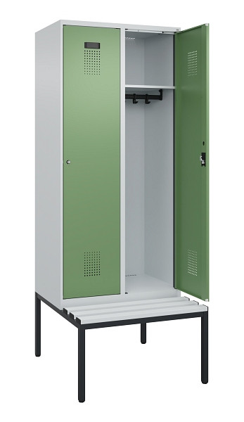 C+P Spind Evolo PLUS, 2 Abteile, 2120x800x815mm, 7035/6011, Haken 4, Zylinderschloss, Sitzfläche Kunststoff, Sitzbank, 0490507-22 S10091