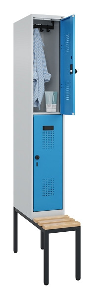 C+P Doppelstock-Spind Evolo PLUS, Bank, 2 Fächer, 2120x300x815mm, 7035/5012, Drehriegel, Sitzfläche Buche-Hartholz, Sitzbank, 0493507-10 S10007