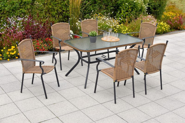 Merxx Roma Set 7-teilig, 6 Stapelsessel, 1 Tisch 150 x 85 cm, Glasplatte mit Geflechtrand, Graphit/Natur, 50736-211