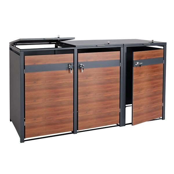 Mendler XL 3er/6er-Mülltonnenverkleidung HWC-J82, Mülltonnenbox, Metall 97kg, anthrazit, Kirsche-Holzoptik dunkelbraun, 83428+83429+83430