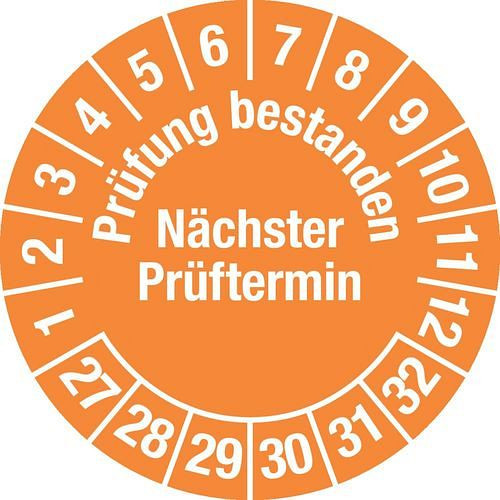 DENIOS Prüfplakette "Prüfung bestanden/Nächster Termin", 27 - 32, grün, Folie, SK, 30 mm, VE: 5 Bogen à 15 Stück, 290192