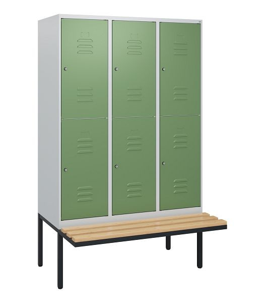 C+P Doppelstöckiger Spind Classic PLUS, 3 Abteile, 1950x1200x815mm, 7035/6011, Zylinderschlösser, Buche-Sitzleisten, Sitzfläche, 0803405-32 S10036