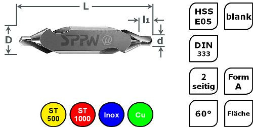 SPPW Zentrierbohrer HSS-E05 DIN333 A Fläche - 2,00x5,00, VE: 10 Stück, 1232900200