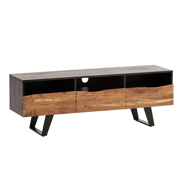 Wohnling Lowboard Akazie Massivholz 140x50x40cm Baumkante TV-Kommode Schwarz, Design TV-Schrank Hoch mit Schublade, WL7.056