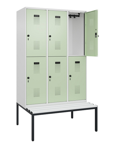C+P Doppelstock-Spind Evolo PLUS, Bank, 6 Fächer, 2120x1200x815mm, 9016/6019, Drehriegel, Sitzfläche Kunststoff, Sitzbank, 0493507-32 S10100
