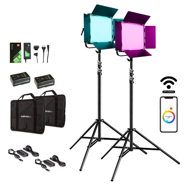 Walimex pro LED Rainbow 100W RGBWW Set 4 (2x Rainbow 100W, 2x Lampenstativ GN-806, 2x V-Mount Akku 13.200mAh, 1x V-Mount Ladegerät), 1023069