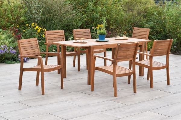 Merxx Batavia Set 7-teilig, 6 Batavia Stapelsessel, 1 Ausziehtisch, 150 (200) x 90 cm, FSC Akazienholz, 50953-011