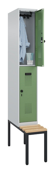 C+P Doppelstock-Spind Evolo PLUS, Bank, 2 Fächer, 2120x300x815mm, 7035/6011, Drehriegel, Sitzfläche Buche-Hartholz, Sitzbank, 0493507-10 S10010