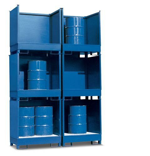DENIOS Gefahrstoffstation 2 P2-O aus Stahl, lackiert, für 2 Fässer à 200 Liter, 3 Wände, stapelbar, 114612