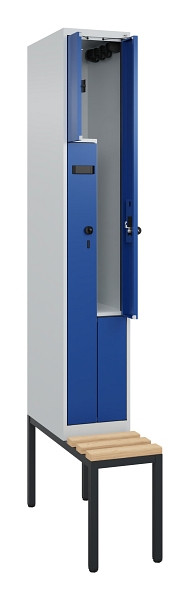 C+P Z-Spind Evolo PLUS, Bank, 2 Fächer, 2120x300x815mm, 7035/5010, Drehriegel, Sitzfläche Buche-Hartholz, Sitzbank, 0490537-102 S10014