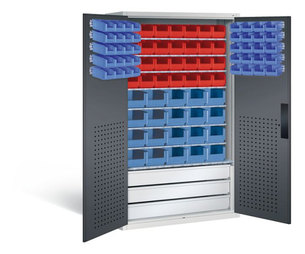 C+P Magazinschrank Serie 13, H1950xB1100xT535mm, Farbe: Lichtgrau / Schwarzgrau, Muldengriff, 130276-67 S10026