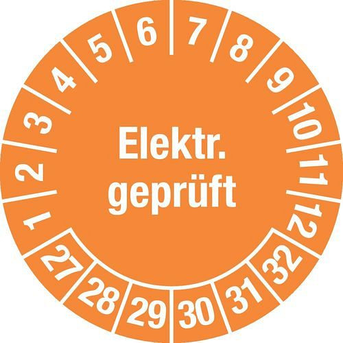 DENIOS Prüfplakette "Elektr. geprüft", 27 - 32, orange, Folie, selbstklebend, 30 mm, VE: 5 Bogen à 15 Stück, 290216