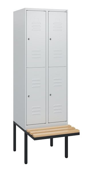 C+P Doppelstöckiger Spind Classic PLUS, 2 Abteile, 1950x600x815mm, 7035/7035, Zylinderschlösser, Buche-Sitzleisten, Sitzfläche, 0803405-20 S10039