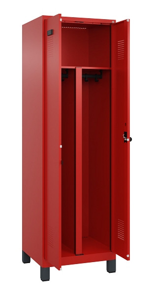 C+P PSA Schwarz-Weiß-Spind Evolo PLUS, mit Füßen, 2 Abteile, 1950x600x500mm, 30, Frontfarbe RAL 3020 Verkehrsrot, Drehriegel, 049012-20P S10025