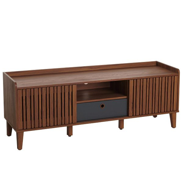 Mendler TV-Rack HWC-M48, Lowboard TV-Schrank, Schiebetür 56x150x40cm, Walnuss-Optik, Schublade dunkelgrau, 105422+105423