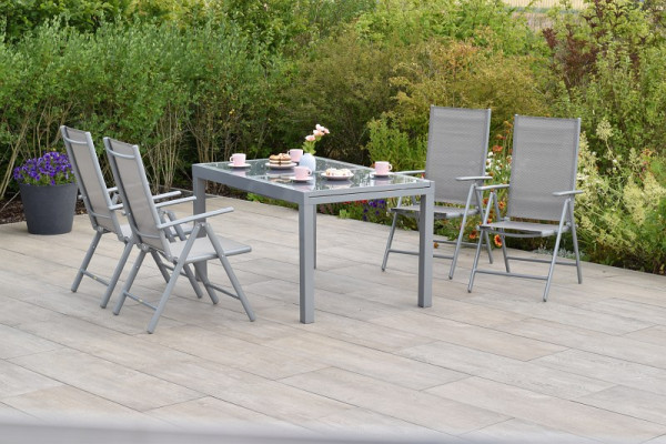 Merxx Amalfi Set 5-teilig, 4 Amalfi Klappsessel, Rückenlehne verstellbar, 1 Ausziehtisch 140 (200) x 90 cm, silber/diamantbraun, 50347-330