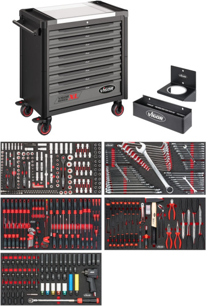 VIGOR Werkstattwagen Series XL, Edelstahl-Arbeitsplatte, mit Sortiment, Anzahl Werkzeuge: 466, V4481-X/466