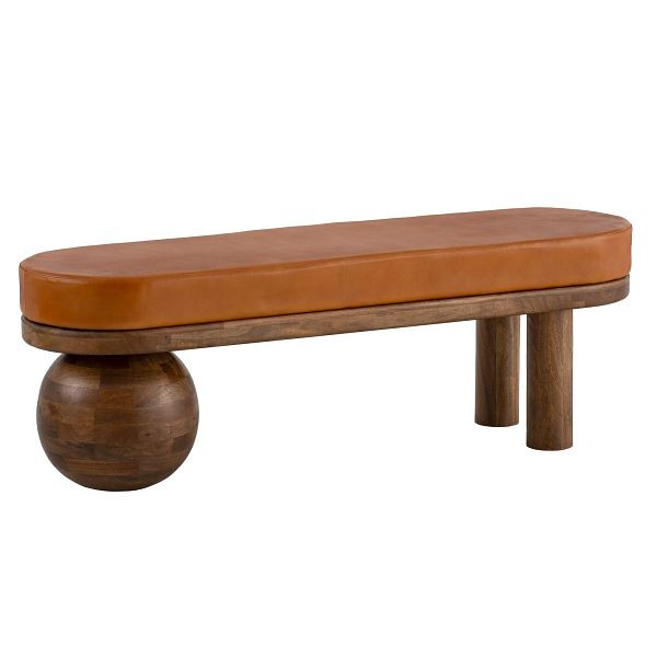 Wohnling Sitzbank Ziegenleder Mango Massivholz Bank 140x47x40cm, Flur Polsterbank Ausgefallen, Gepolsterte Braun, Kleine Bettbank Flurbank, WL7.314