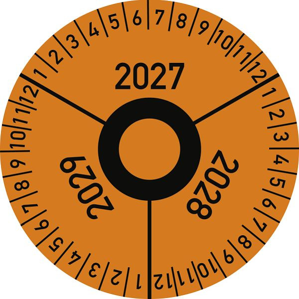Moedel Prüfplakette 3 Jahre 2027/2028/2029 mit Monaten, Folie, Ø 40 mm, VE: 10 Stück/Bogen, 108199