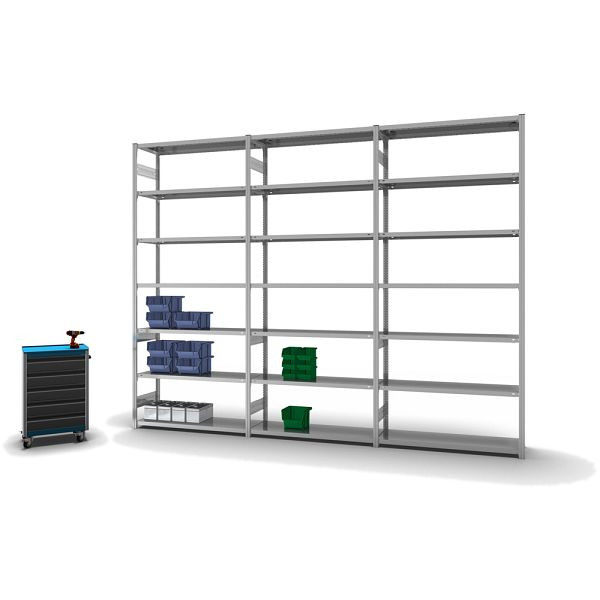 hofe Fachboden-Grundregal, 3000x400x1300 mm, 7 Fachebenen, verzinkt, 180 kg Fachlast, 1300 kg Feldlast, zweiseitige Bedienung, HZG30413AL