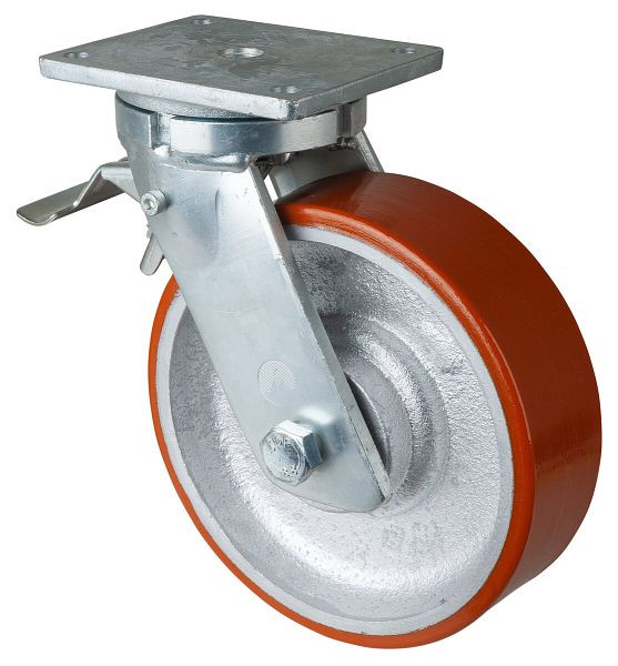 BS Rollen Schwerlastrolle mit Rad-/Feststeller, Breite 75 mm, Ø250 mm, bis 1600 kg, Guss-Polyurethan 95 Shore A, Körper Guss, Kugellager, RR120.C10.251