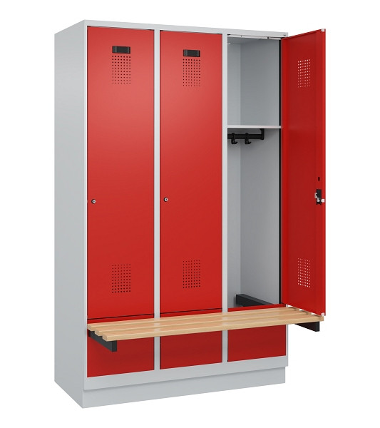 C+P Spind Evolo PLUS, 3 Abteile, 1950x1200x815mm, 7035/3020, Zylinderschloss, Sitzfläche Holz, mit Sockel, 049040-32 S10032