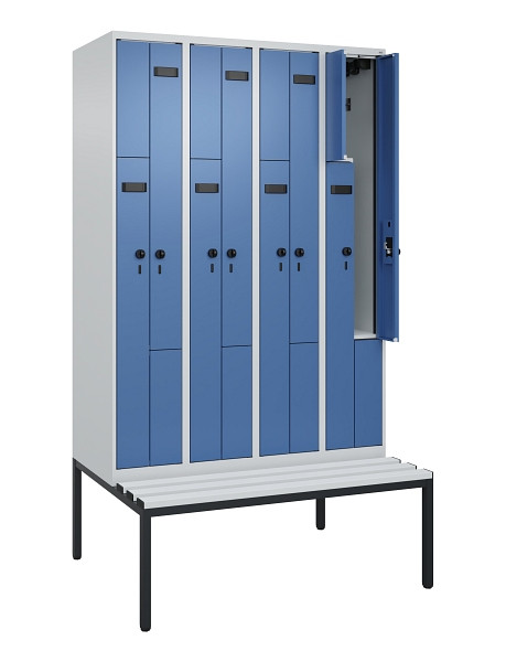 C+P Z-Spind Evolo PLUS, 8 Fächer, 2120x1200x815mm, 7035/5023, Drehriegel, Sitzfläche Kunststoff, Sitzbank, 0490537-408 S10062