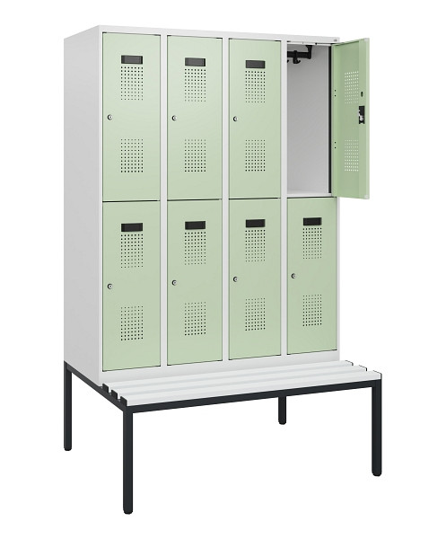 C+P Doppelstöckiger Spind Evolo PLUS, Bank, 8 Fächer, 1950x1200x815mm, 9016/6019, Zylinderschloss, Sitzfläche Kunststoff, Sitzbank, 0493505-40 S10154