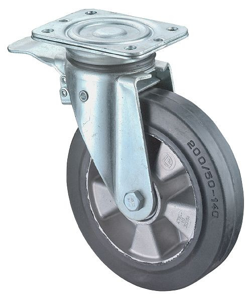 BS Rollen Schwerlastrolle mit Feststeller, Breite 50 mm, Ø125 mm, bis 220 kg, Elastik-Reifen schwarz, Radkörper Aluminium, Kugellager, N120.B80.125