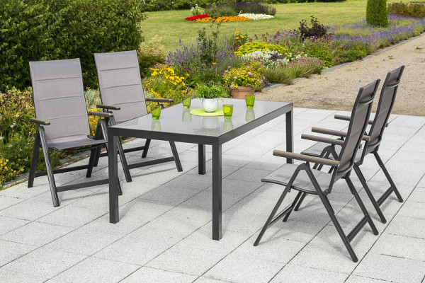 Merxx Trivero Set 5-teilig, 4 Klappsessel, Rückenlehne verstellbar, mit Polywood-Armlehne, 1 Tisch, 150 x 90 cm, graphit/diamantbraun, 50294-217