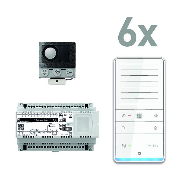TCS Türkontrollsystem audio: pack PRO Einbau für 6 Wohneinheiten, mit Einbaulautsprecher ASI12000+6 Freisprecher ISW6031+Steuergerät NBV2600, PAIF060/006