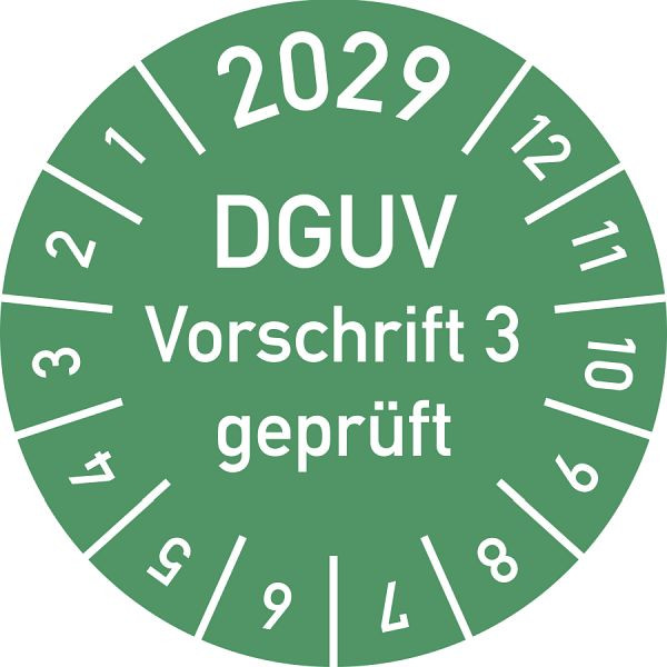 Moedel Prüfplakette 2029 DGUV Vorschrift 3 geprüft, Folie, Ø 15 mm, VE: 10 Stück/Bogen, 108183