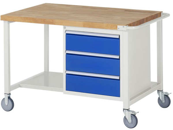 RAU Fahrbare Werkbank 8000 - Modell 8157, B1250 x T900 x H880-1080 mm, Systemunterbau B1245 x T850 mm, 3 Schubladen, 05-8157A6-129B4H.11